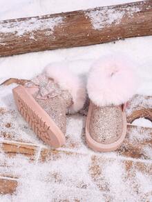 Toddler Girls Glitter Snow Boots, Cute Bow & Rhinestone Decor Fuzzy Collar Warm Fleece Lining Winter Short Princess Ankle Boots, Soft Sole - Pink - View 3