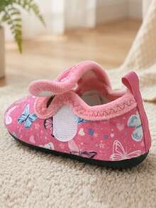 Girls' Indoor Slippers Socks Shoes, Lightweight Soft Rubber Sole, Warm And Comfortable For Autumn/Winter, Pink Butterfly Hook-And-Loop, For Toddlers And Middle Children - Pink - View 7