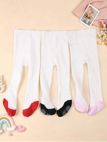 3 Pairs Baby Girl Color Block Non-Slip Bottom Tights, Soft Knitted White Base Tights, Full Foot Tights For Infants, Suitable For Daily Wear - Multicolor - View 10