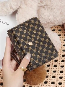 Adorned With A Delicate Pom-Pom, Fashionable Printed Coins And Credit Card Storage, Multiple Card Slots, Suitable For Carrying And Using On The Go - Coffee - View 3