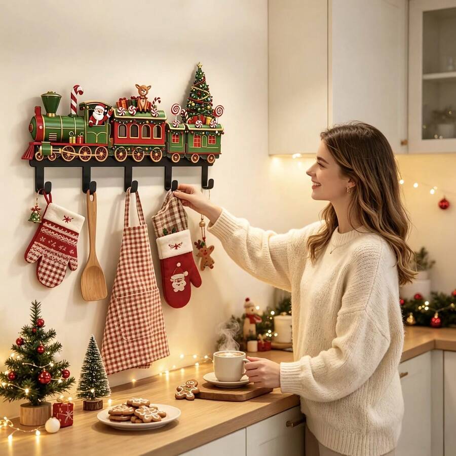Christmas Train Santa Claus Metal Wall Hook, Christmas Gingerbread Candy Cane Decorative Wall Rack, Multi-Hook Storage Organizer, Suitable For Kitchen, Bathroom, Entryway Door And Home Decor