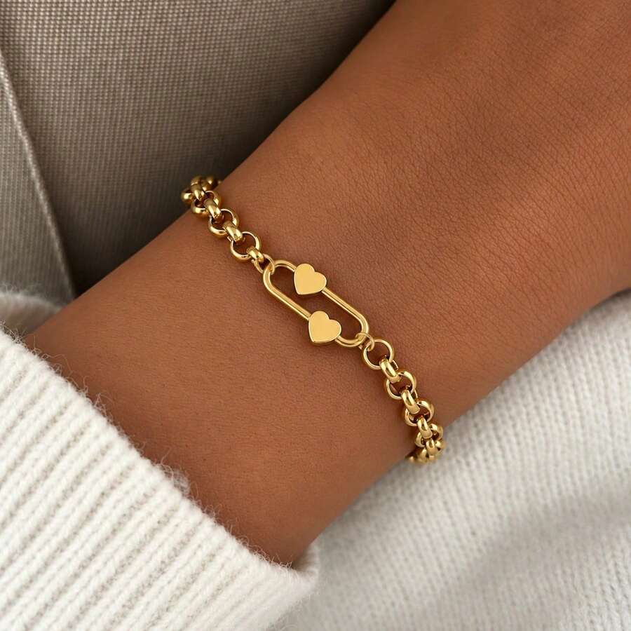 1pc Fashion Simple Heart Pinl Golden Silvery Stainless Steel Chain Bracelet For Women - Pin - View 1