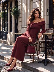 Fall Burgundy Off Shoulder Long Sleeve Midi Dress, Elegant Lapel Button Bodycon Dress With Back Slit, Party Gown, Elegant Evening Outfit For Winter - Burgundy - View 7