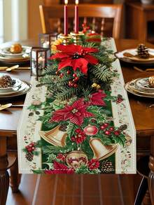 1PC Festive Charm, Christmas Cheer Table Runner - Red Flowers, Bells & Tree Design | Polyester, Rectangular | Ideal For Holiday Decor, Family Gatherings & Kitchen Festivities - Ginger - View 4