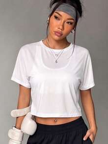 1pc Women's Summer Standard Size Back Cross Hollow Out Crop Top Versatile All-Match Casual Sports T-Shirt - White - View 5