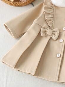 1pc Baby Girl Cute Plush Collar Thermal Lined Long Sleeve Wool Dress Thick Style Autumn/Winter - Apricot - View 6