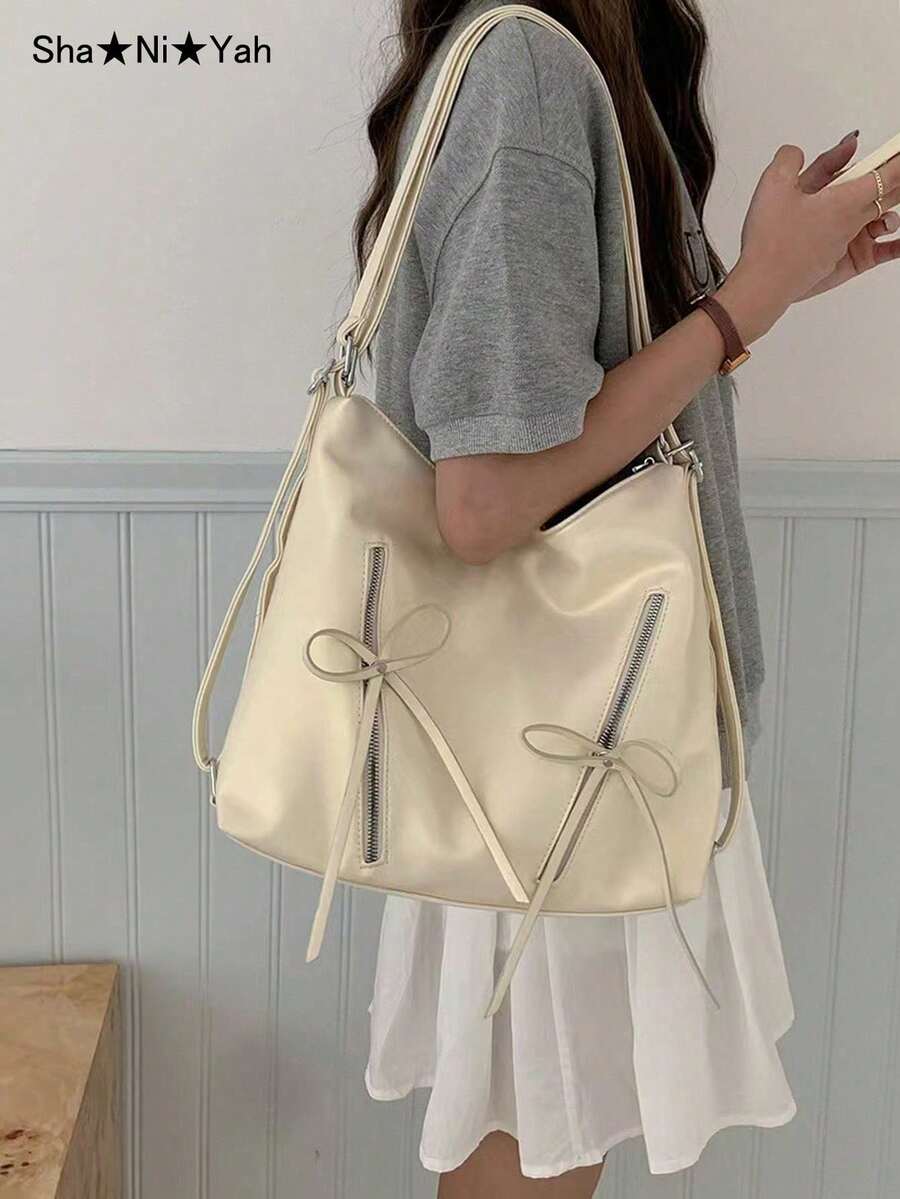 Bow Knot Backpack For Women, Fashionable Korean Style Tote Bag With Large Capacity For Daily Casual, Travel, Walking And Shopping