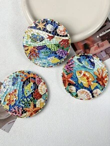 1pc Ocean Landscape Animal Fish Turtle Dolphin Seal Pattern Mosaic Art Style Gold Foil Embossed Ceramic Refrigerator Magnet, Suitable For Home Decor, Refrigerator, Daily Use And Holiday Birthday Gift, Mediterranean Cultural Creative - Round Ocean Landscape Design - View 9