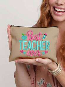 The Best Teacher Letter Design Ever, Apple Pencil Pattern Striped Zipper Makeup Bag, Travel Toiletry Bag, Large Capacity Storage Bag, Coin Purse, Suitable For Easter, Teacher's Day, Birthday, Gift For Sisters, Christmas - Multicolor - View 17