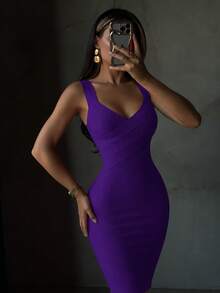 Women's Sexy Elegant Spaghetti Strap V-Neck Bodycon Knee-Length Wrap Dress, Stretch, Purple, Suitable For Evening Party, Cocktail Wedding Fall - Purple - View 1