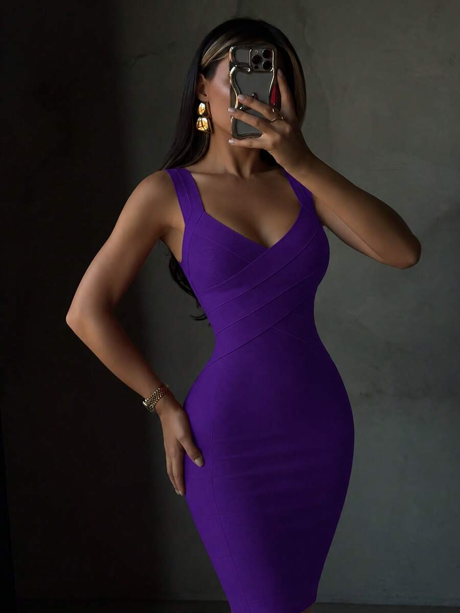 Women's Sexy Elegant Spaghetti Strap V-Neck Bodycon Knee-Length Wrap Dress, Stretch, Purple, Suitable For Evening Party, Cocktail Wedding Fall - Purple - View 1
