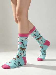 1 Pair Cartoon Pony Pattern Mid-Calf Cotton Socks With Contrast Toe And Cuff, Personalized Fun Style Women's Socks - Multicolor - View 2