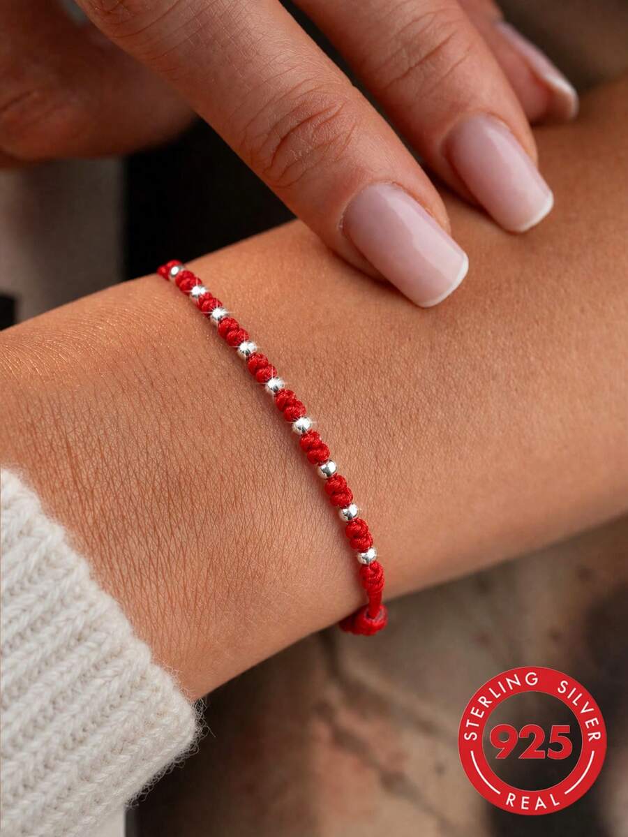 1pc S925 Sterling Silver Red Cord Adjustable Bracelet, Gentle Vibe, Versatile For Daily Commute, Minimalist Niche Chic, New Chinese Style, Gift For Best Friend Or Couple - Beads - View 1