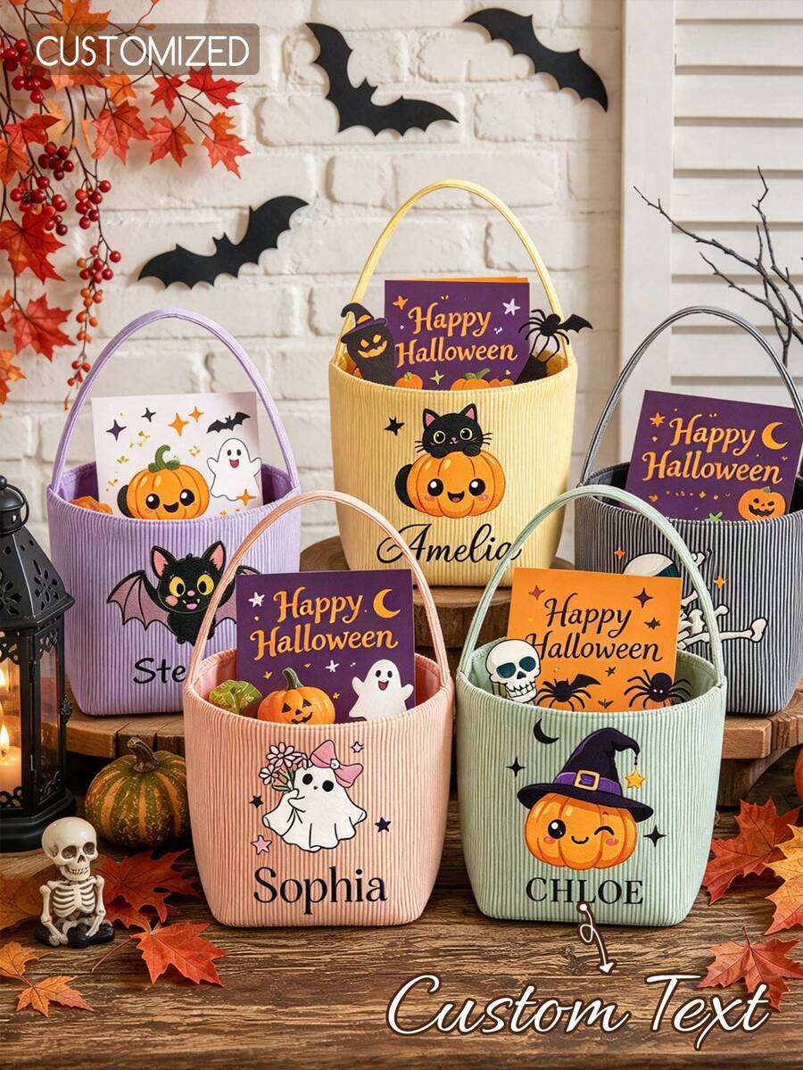 Personalized Custom Name Halloween Trick Or Treat Striped Fabric Tote Basket, Ghost Pumpkin Witch Hat Pattern, Customized Text Handle Storage Basket, Halloween Party Decoration - Multicolor - View 1