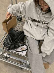 Women's Autumn/Winter Loose Casual Versatile Retro Letter & Cross Print Hooded Sweatshirt - Light Gray - View 3