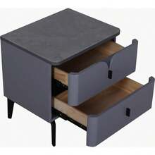 Mesa de Noche Blanca con Cubierta de Cerámica, Buró Moderno de 2 Cajones con Tiradores Negros Decorativos Curvos y Patas de Madera Negra, Diseño Minimalista Japonés para Recámara y Dormitorio, 50 * 50 * 40 cm - Gris - Ver 8