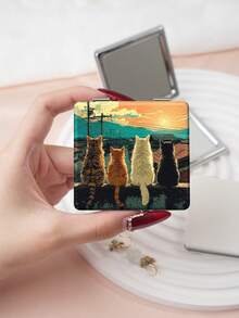 1PC Ins Anime Series Portable Vanity Mirror, Foldable Lightweight Ultra-Thin Convenient Hand Mirror, PU Leather, Suitable For Multiple Scenarios And All People, Foldable Small Square Mirror, Pocket Mirror, Cartoon Cat Grassland Sky Koi Printed Pattern Design, Exquisite Handheld 180° Flip Cover Multi-Function Mini Mirror - Multicolor - View 8