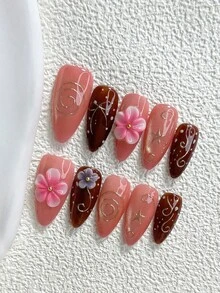 秋季 10片裝馬卡龍飾品風手工穿戴甲 Polygel 凝膠美甲套組，花朵設計，粉色與酒紅色指甲油，夢幻甜美風，3種尺寸可選，杏仁甲、鴨嘴甲、棺材甲，適合派對、跳舞、日常配戴（手工細節可能有所不同） - 彩色 - 查看 3