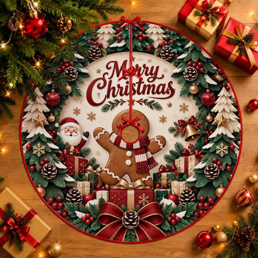 1pc Gingerbread Man & Santa Claus Pattern Christmas Tree Skirt, Elegant Color Holiday Decor, 5 Sizes, Unisex Holiday Gift, Suitable For Home And Party Christmas Home Decoration - Gingerbread Man Santa Claus - View 1