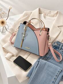 1pcsWomen's Fashion Colorblock Handbag, Pink Blue Tote Purse With Metal Handle, Adjustable Shoulder Strap, Crossbody Bag For Work, Travel & Dailyset - Multicolor - View 7