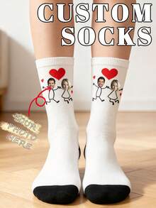 Customized Couple Photo Socks, Personalized Stick Figure Red Heart Mid-Calf Socks, Unique Customized Gift Socks - White - View 1