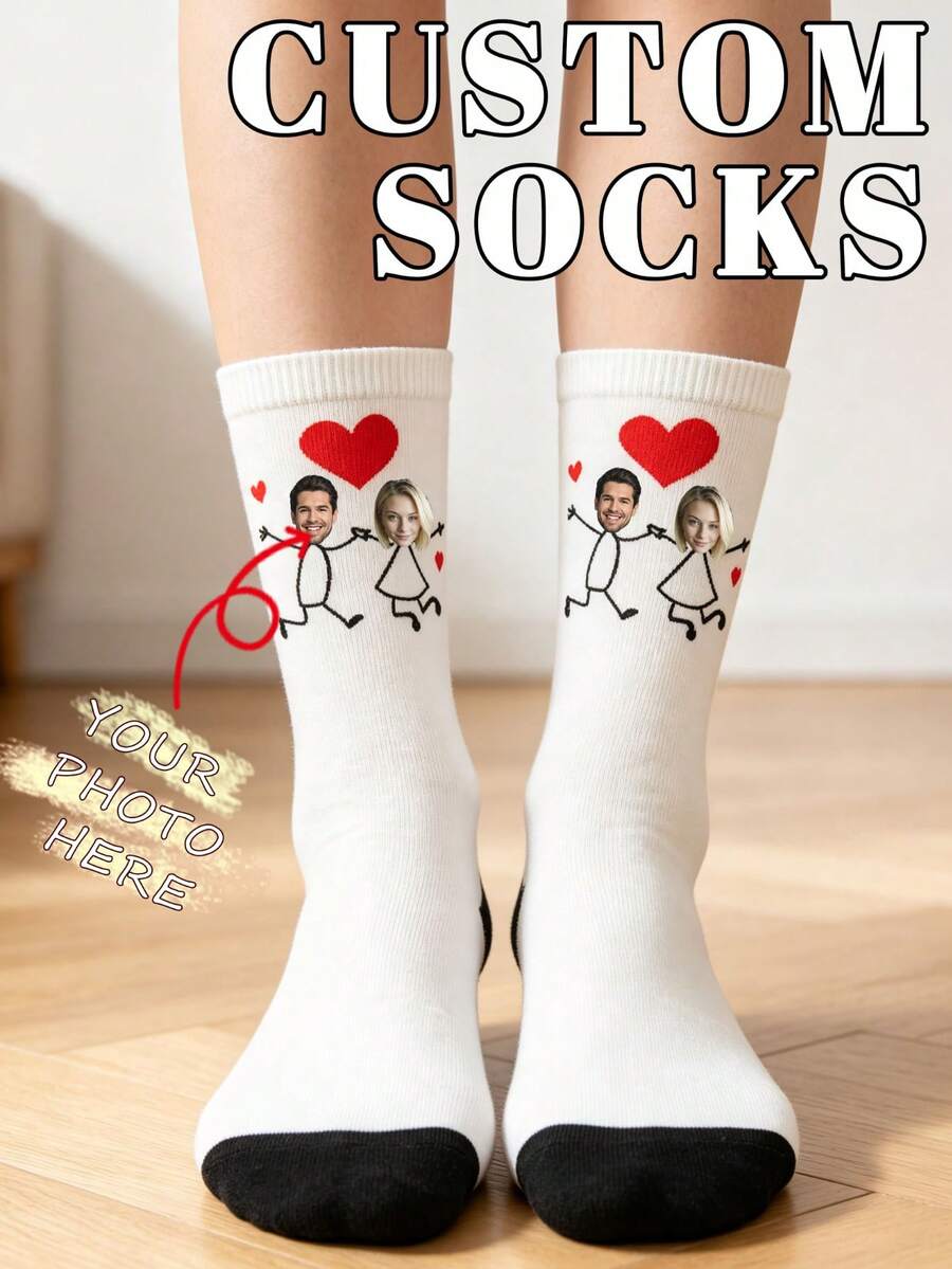 Customized Couple Photo Socks, Personalized Stick Figure Red Heart Mid-Calf Socks, Unique Customized Gift Socks - White - View 1