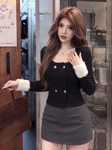 2026 Square Neck Double-Breasted Gold Button Ribbed Knit Cardigan, Black & White Contrast Color Fuzzy Cuffs Short Slim Fit Flattering Long Sleeve Jacket - Black - View 4