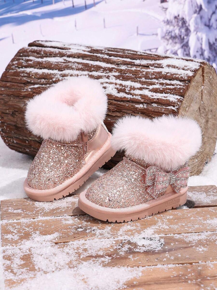 Toddler Girls Glitter Snow Boots, Cute Bow & Rhinestone Decor Fuzzy Collar Warm Fleece Lining Winter Short Princess Ankle Boots, Soft Sole - Pink - View 1