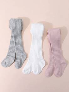 3 Pairs Girls' Solid Color Leggings, Vertical Striped Tights, Simple Versatile Children's Pantyhose, Elastic & Comfortable, All Season - Multicolor - View 4
