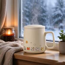 Kawaii Cat Mug With Lid, Cute Cartoon Animal Ceramic Cup For Coffee, Tea, Milk, [Approx. 400ml] Fun Hand-Painted Sun And Cat Design, Ideal Gift For Cat Lovers And Friends - White - View 5