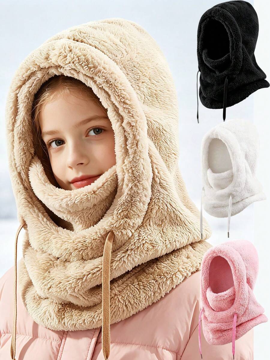 1/2pcs Kids Plush Balaclava Hood, Adjustable Drawstring, Multiple Soft Colors, Winter Outdoor Warmth, Suitable For Skiing, School And Snow Play - Multicolor - View 1
