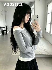 Design Contrast Color 2 In 1 Asymmetric Shoulder Long Sleeve T-Shirt, Sweet Cool Hot Girl Style Versatile Slim Fit Top - Light Grey - View 1