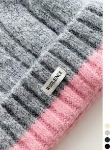 1pc Adorable Cat Ear Colorblock Knitted Beanie Hat For Women, Warm And Versatile, Face-Slimming Woolen Headwear For Autumn/Winter - Color-block Turned-edge Cat Ears - View 10