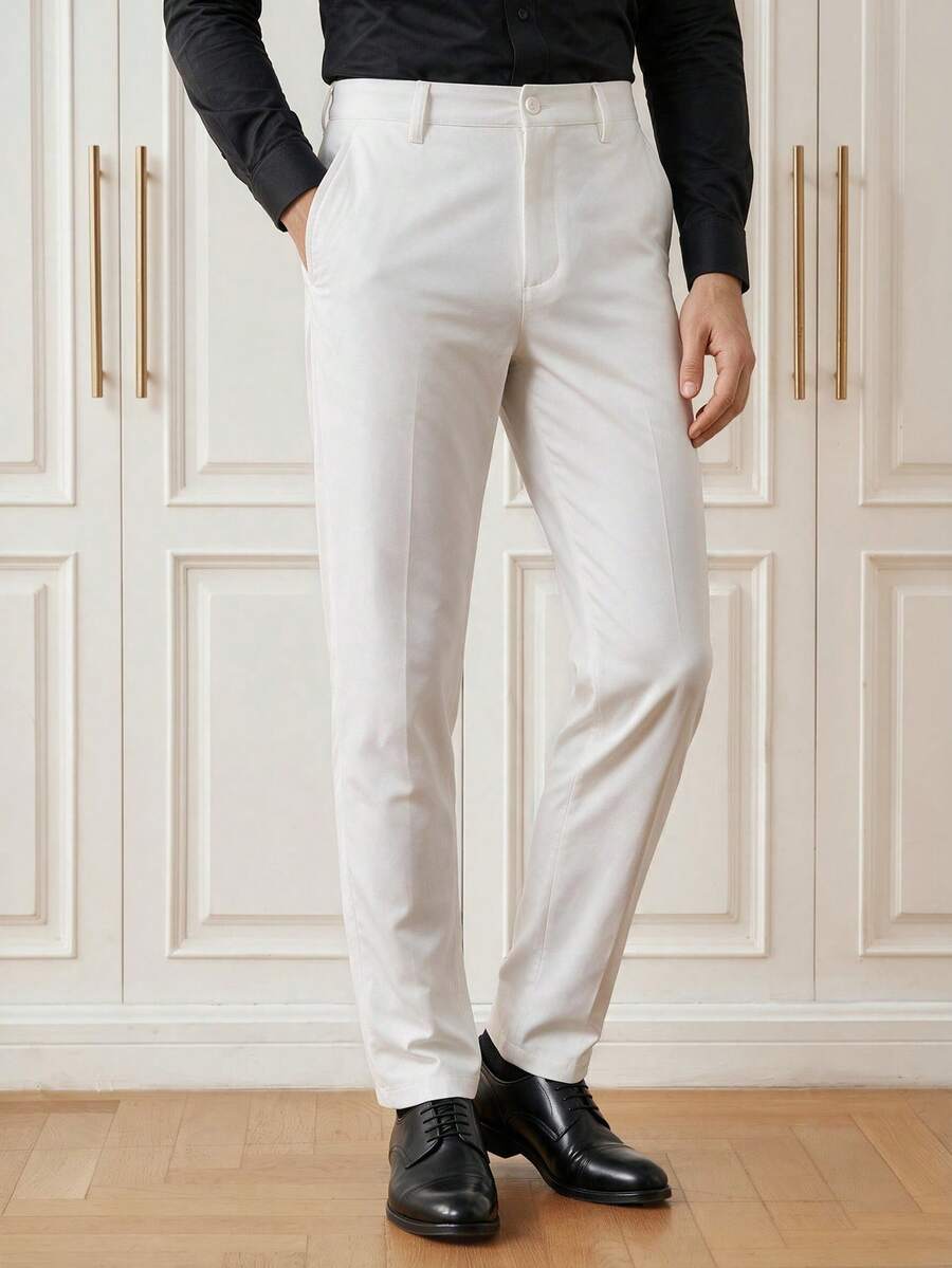 Officeau Men's White Straight-Leg Suit Pants, For Formal Business/Weddings