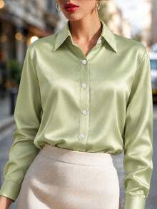 Plus Size Women's Fashion New Arrival Casual Satin Button-Up Shirt Spring - Champagne - View 1