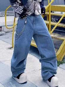 Men's Light Wash Wide Leg Loose Fit Jeans - Blue - View 2