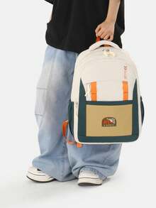Man Outdoor Backpack Wear-Resistant Daypack Large Capacity For Campus Travel Black Mesh Pocket Nature Patch Decoration - Multicolor - View 2