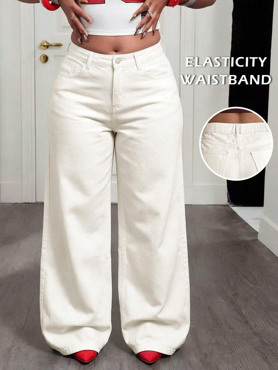 Plus Size High Waist Wide Leg Jeans For Women, Fall/Winter Off-White Non-Stretch Denim Pants With Elastic Waistband - White - View 1
