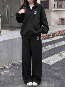 2 Pieces Set For Young Women And Girls, Half-Zip Sweatshirt With Pink Bow Print And Wide-Leg Pants, Loose Fit Stand Collar Sweatshirt And Loose Wide-Leg Pants Matching Set, Suitable For Autumn/Winter Daily Wear - Black - View 1