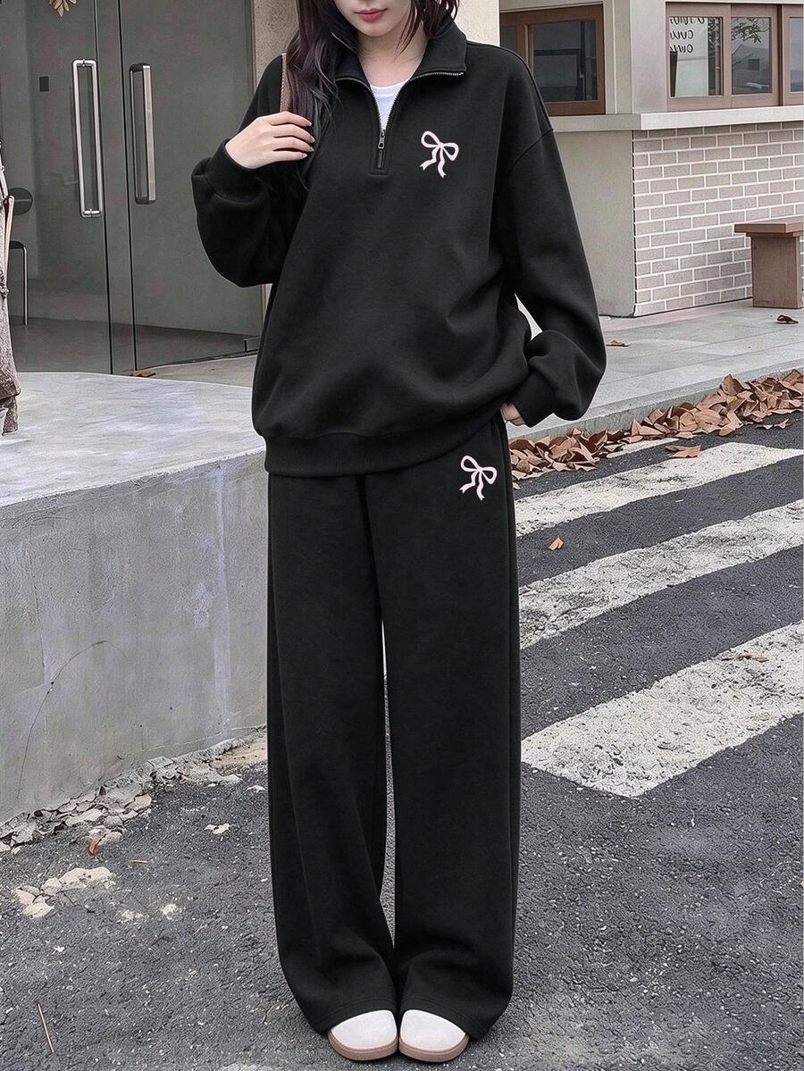 2 Pieces Set For Young Women And Girls, Half-Zip Sweatshirt With Pink Bow Print And Wide-Leg Pants, Loose Fit Stand Collar Sweatshirt And Loose Wide-Leg Pants Matching Set, Suitable For Autumn/Winter Daily Wear - Black - View 1