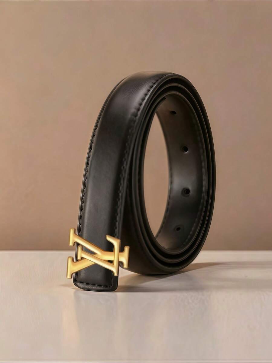 Ladies Versatile Thin Faux Leather Belt, Classic Geometric Shape Gold Buckle, Stylish Waistband For Office, Party And Daily Matching - Multicolor - View 1