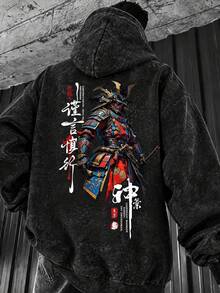 Men's Washed Distressed Hooded Sweatshirt, Autumn/Winter Japanese Armor Samurai Print, Loose Fit Drop Shoulder Retro Streetwear Pullover Hoodie - Black - View 2