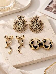 3Pairs Gold Leopard Print Earrings Set, Statement Sunburst Studs, Bow Drop Dangle & Black Enamel Hoop Earrings, Elegant Jewelry Gift For Women - Multicolor - View 1