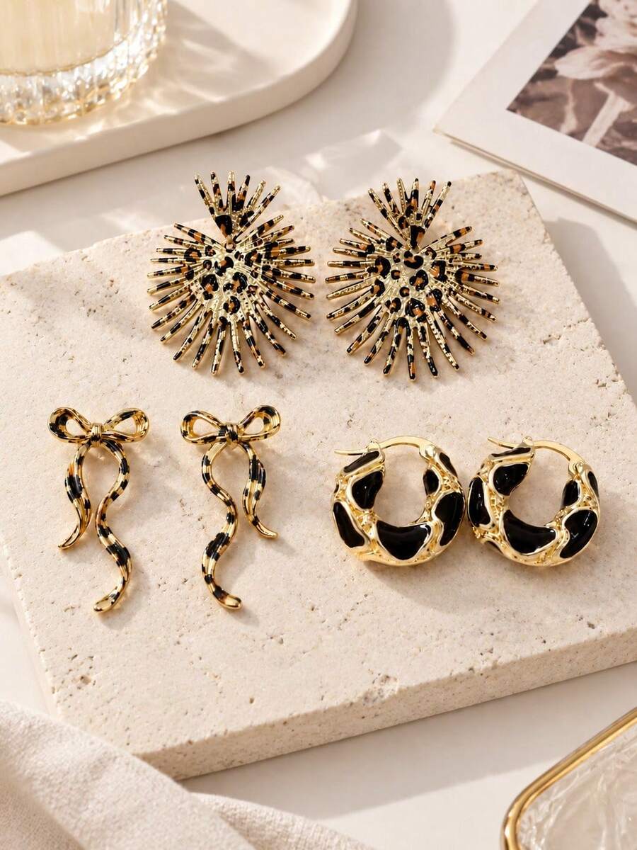 3Pairs Gold Leopard Print Earrings Set, Statement Sunburst Studs, Bow Drop Dangle & Black Enamel Hoop Earrings, Elegant Jewelry Gift For Women - Multicolor - View 1