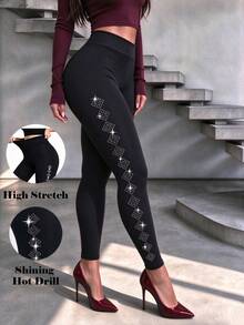 1pc Women's Slim Fit Butt Lifting Leggings With Christmas Snowflake Pattern Rhinestone Embellishment, Black High Elasticity Yoga Pants, Soft And Comfortable For Home, Walking, Casual Wear In All Seasons - Multicolor - View 11