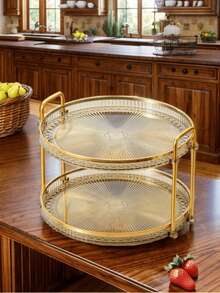 1pc Diamond Textured Double/Single Layer Tray With Handle, Modern Dual-Handle Tray, For Home - Gold - View 9