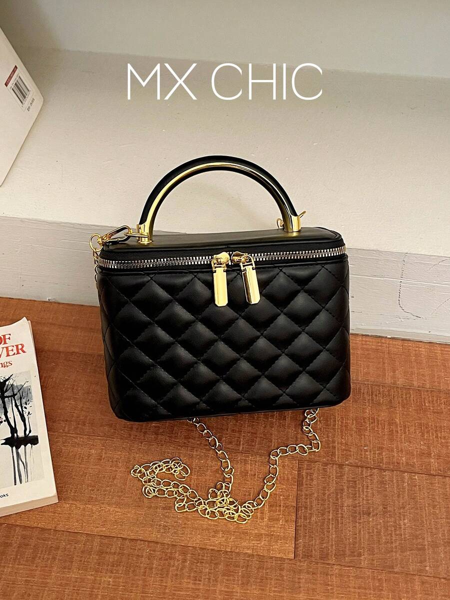 1件迷你女款時尚純色刺繡菱格斜挎包,適合放置卡夾與鑰匙 - 黑色 - 查看 1