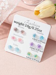 6 Pairs Gradient Multicolor Floral Combination Earrings, Delicate Stud Earring Set For Women's Daily Casual Wear - Multicolor - View 5