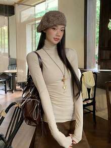 Autumn/Winter Solid Color Long Sleeve Turtleneck T-Shirt - Apricot - View 5