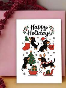Dachshund Happy Holidays Greeting Card, Cute Cartoon Sausage Dog Christmas Card, Four Wiener Dogs Xmas Tree Sled Design, Pet Lover Holiday Stationery Gift For Dog Owners - Multicolor - View 2
